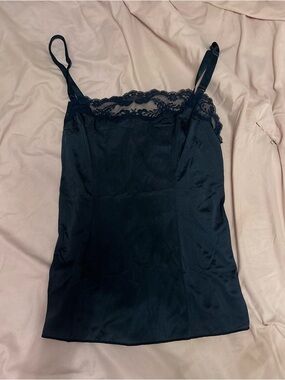 Vintage Lorraine Navy Blue Lace-Trim Satin Cami Top